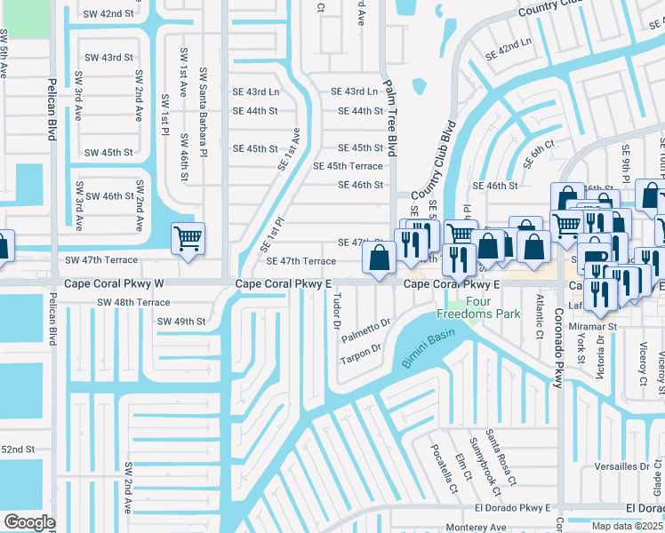map of restaurants, bars, coffee shops, grocery stores, and more near 306 Southeast 47th Terrace in Cape Coral
