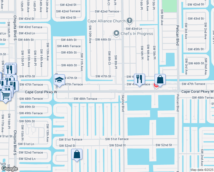 map of restaurants, bars, coffee shops, grocery stores, and more near 838 Southwest 47th Terrace in Cape Coral