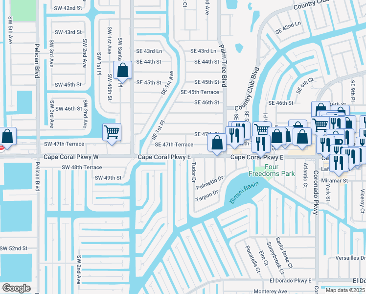 map of restaurants, bars, coffee shops, grocery stores, and more near 248 Southeast 47th Terrace in Cape Coral