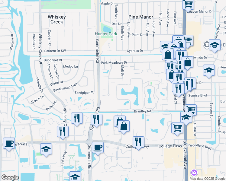 map of restaurants, bars, coffee shops, grocery stores, and more near 12357 Woodrose Court in Fort Myers
