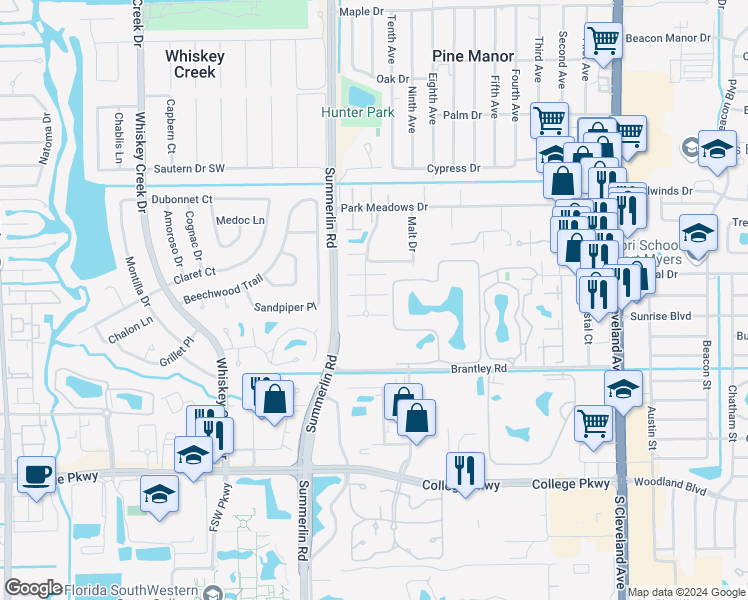 map of restaurants, bars, coffee shops, grocery stores, and more near 12357 Woodrose Court in Fort Myers