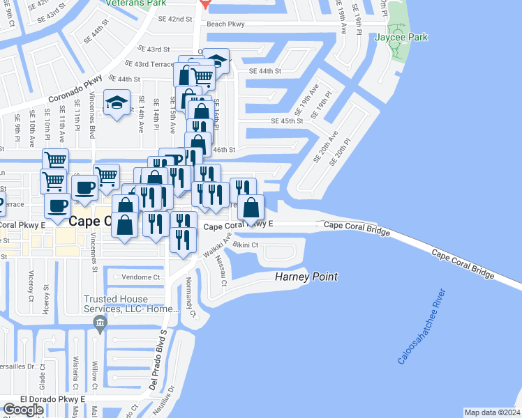 map of restaurants, bars, coffee shops, grocery stores, and more near 1730 Southeast 47th Terrace in Cape Coral