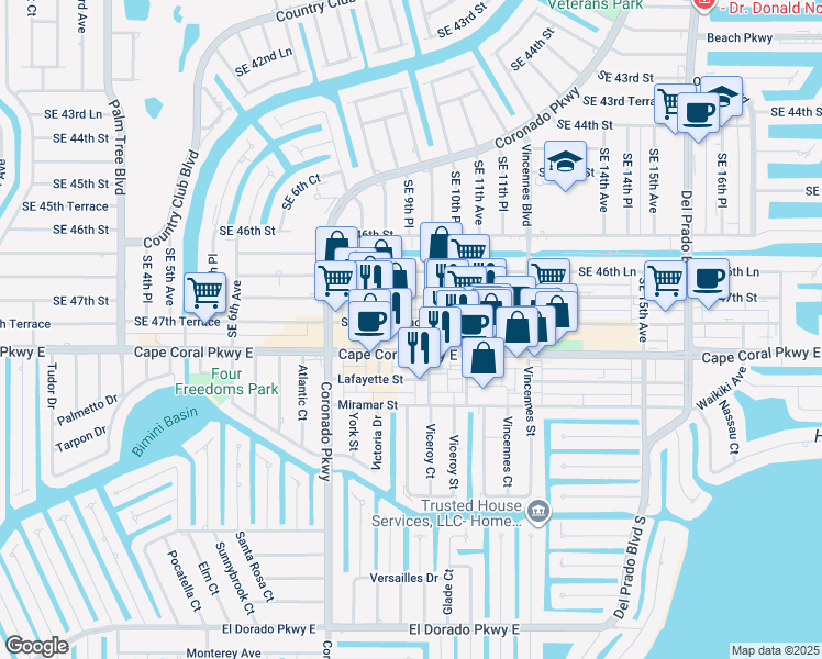 map of restaurants, bars, coffee shops, grocery stores, and more near 905 Cape Coral Parkway East in Cape Coral