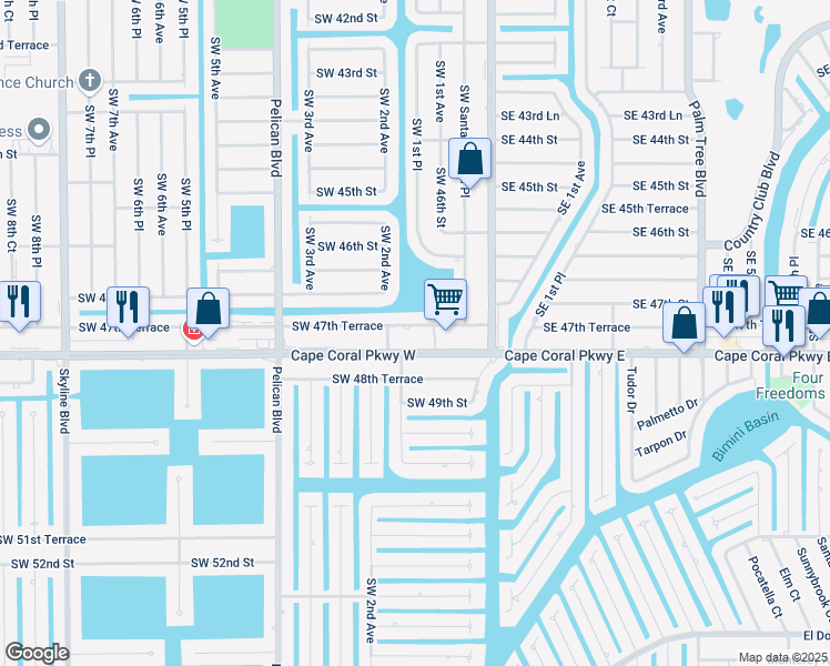 map of restaurants, bars, coffee shops, grocery stores, and more near 140 Southwest 47th Terrace in Cape Coral