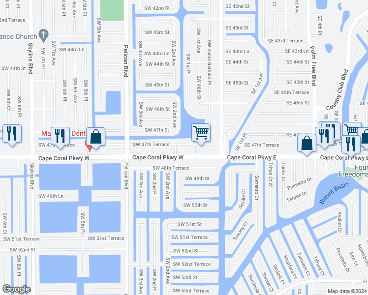 map of restaurants, bars, coffee shops, grocery stores, and more near 160 Southwest 47th Terrace in Cape Coral