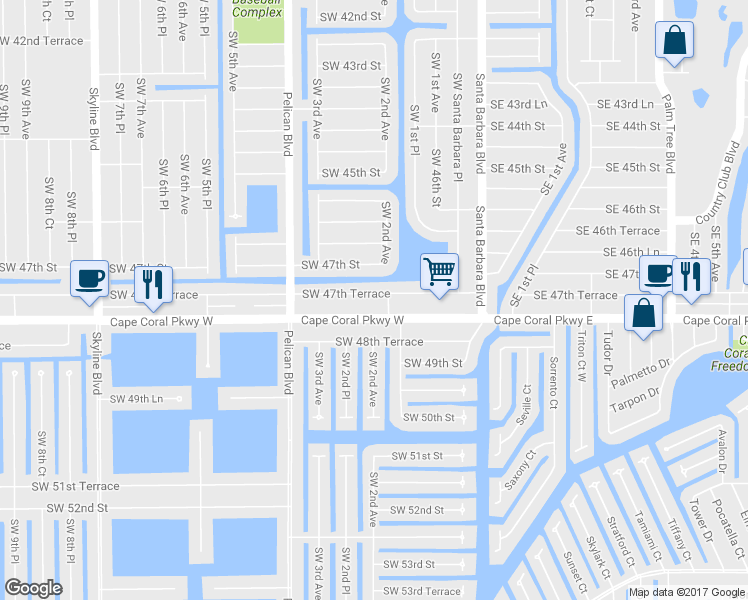 map of restaurants, bars, coffee shops, grocery stores, and more near 224 Southwest 47th Terrace in Cape Coral