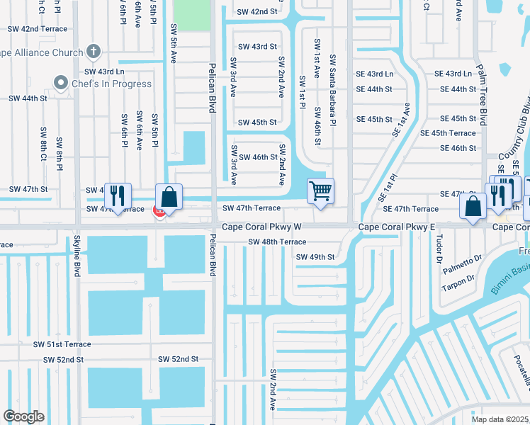 map of restaurants, bars, coffee shops, grocery stores, and more near 224 Southwest 47th Terrace in Cape Coral