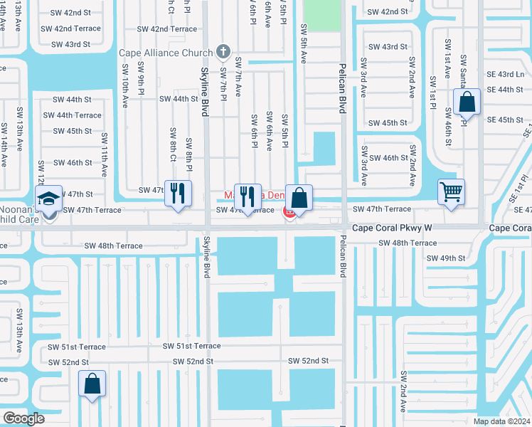 map of restaurants, bars, coffee shops, grocery stores, and more near 602 Southwest 47th Terrace in Cape Coral