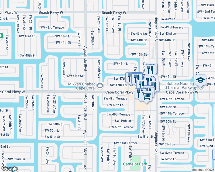 map of restaurants, bars, coffee shops, grocery stores, and more near 1914 Southwest 47th Terrace in Cape Coral
