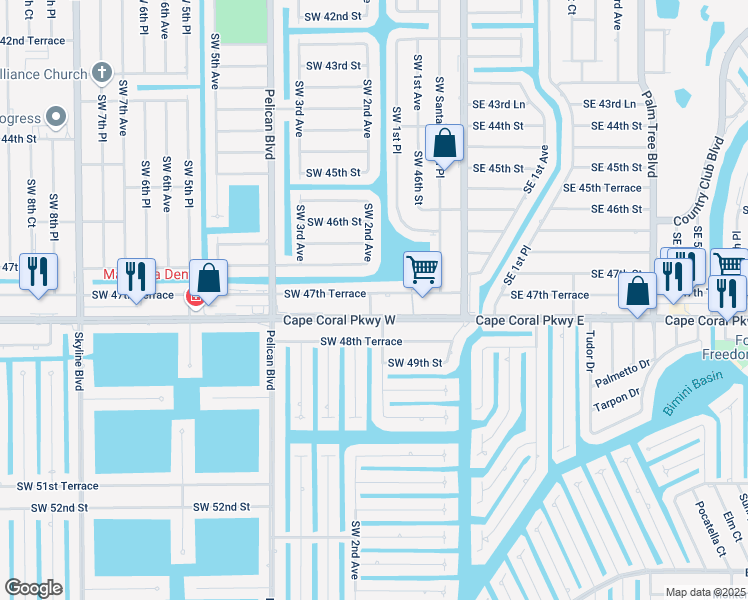 map of restaurants, bars, coffee shops, grocery stores, and more near 160 Southwest 47th Terrace in Cape Coral