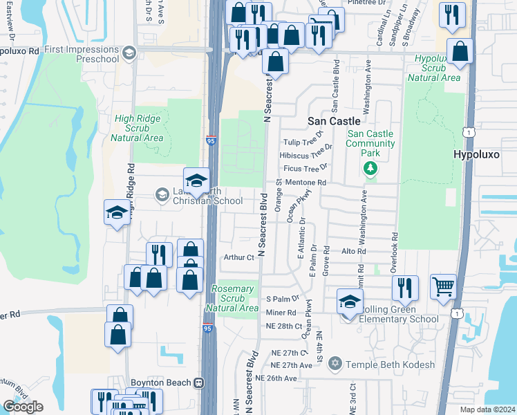 map of restaurants, bars, coffee shops, grocery stores, and more near 3310 Loren Road in Boynton Beach