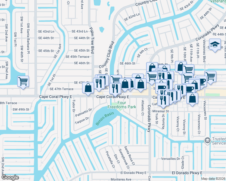 map of restaurants, bars, coffee shops, grocery stores, and more near 506 Southeast 47th Terrace in Cape Coral