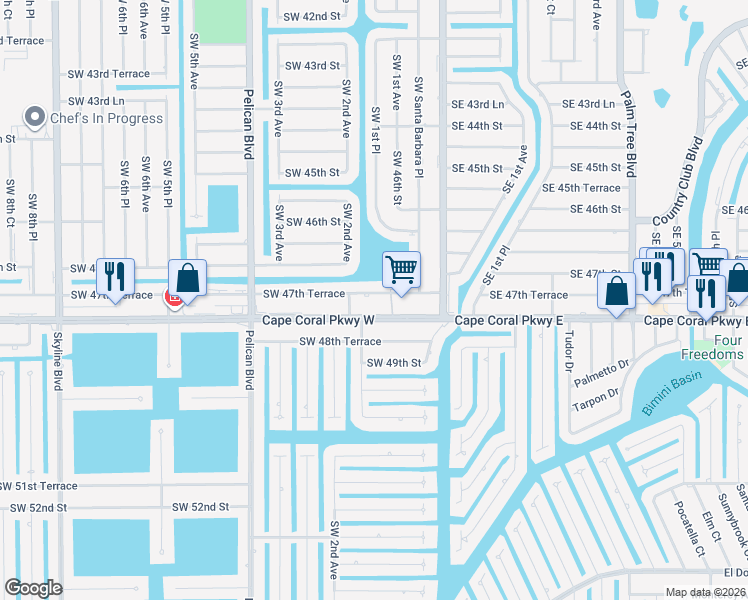 map of restaurants, bars, coffee shops, grocery stores, and more near 140 Southwest 47th Terrace in Cape Coral