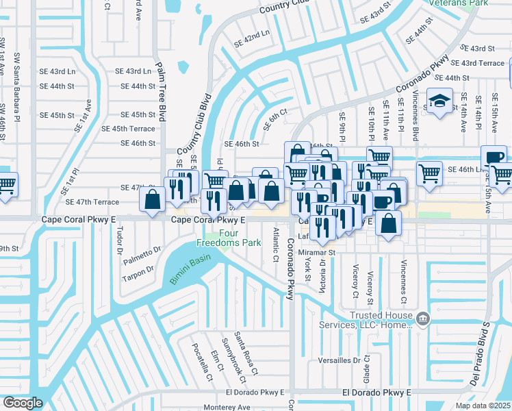 map of restaurants, bars, coffee shops, grocery stores, and more near 634 Southeast 47th Terrace in Cape Coral