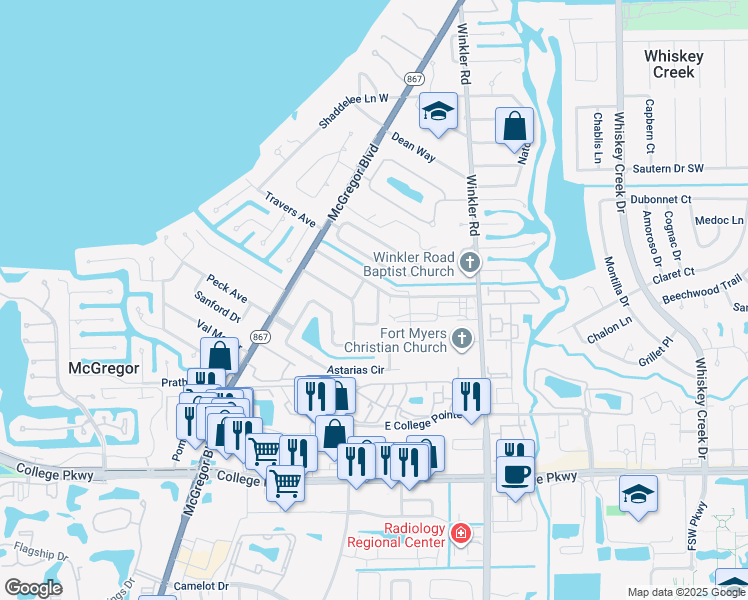 map of restaurants, bars, coffee shops, grocery stores, and more near 5812 Algiers Street in Fort Myers