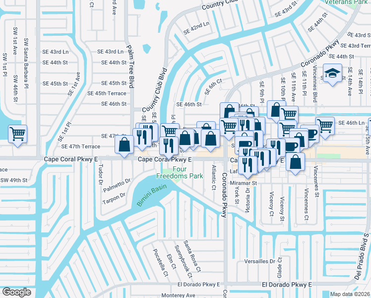 map of restaurants, bars, coffee shops, grocery stores, and more near 4719 Southeast 6th Avenue in Cape Coral