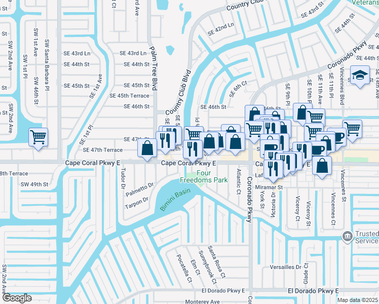 map of restaurants, bars, coffee shops, grocery stores, and more near 506 Southeast 47th Terrace in Cape Coral
