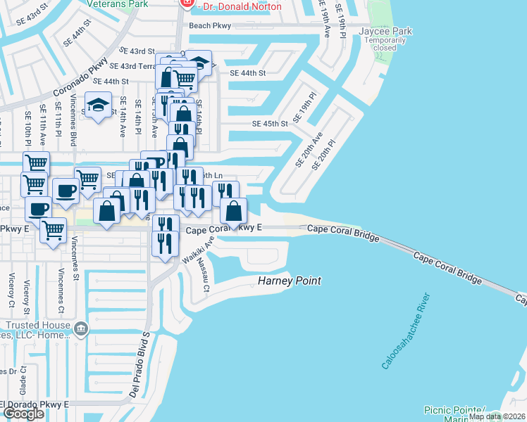 map of restaurants, bars, coffee shops, grocery stores, and more near 1755 Cape Coral Parkway East in Cape Coral
