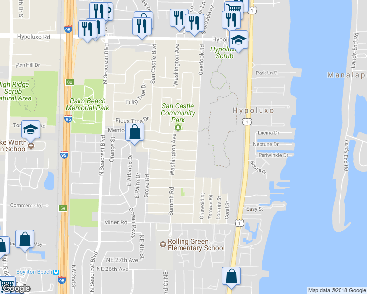 map of restaurants, bars, coffee shops, grocery stores, and more near 1071 Oleander Road in Lantana