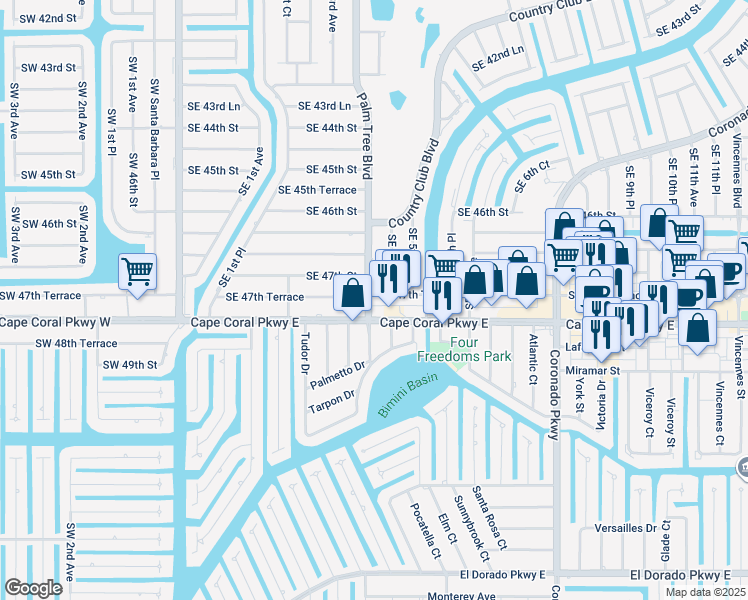 map of restaurants, bars, coffee shops, grocery stores, and more near 402 Southeast 47th Terrace in Cape Coral