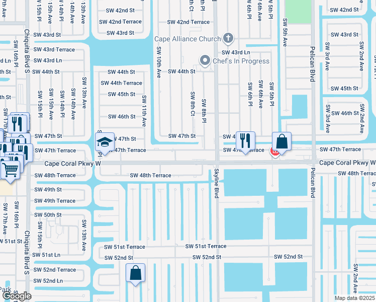 map of restaurants, bars, coffee shops, grocery stores, and more near 838a Southwest 47th Terrace in Cape Coral