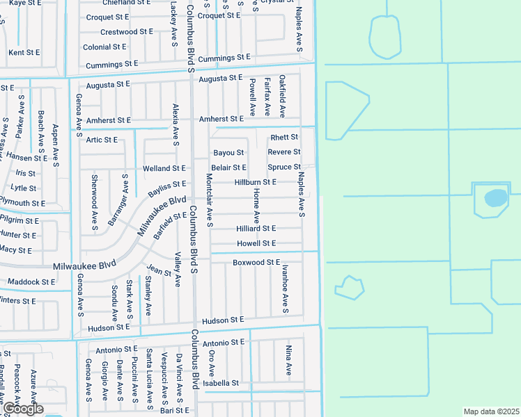 map of restaurants, bars, coffee shops, grocery stores, and more near 1231 Hillcrest Street East in Lehigh Acres