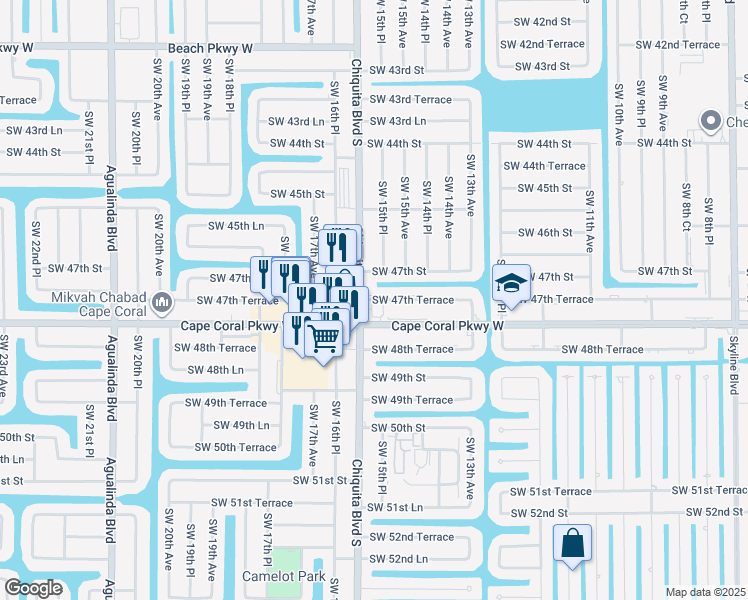 map of restaurants, bars, coffee shops, grocery stores, and more near 1533 Southwest 47th Terrace in Cape Coral