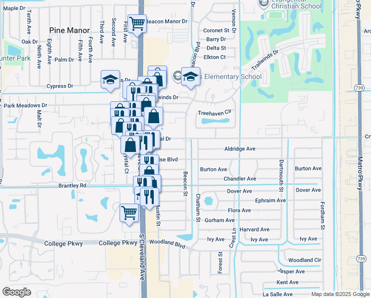 map of restaurants, bars, coffee shops, grocery stores, and more near 8595 Beacon Street in Fort Myers