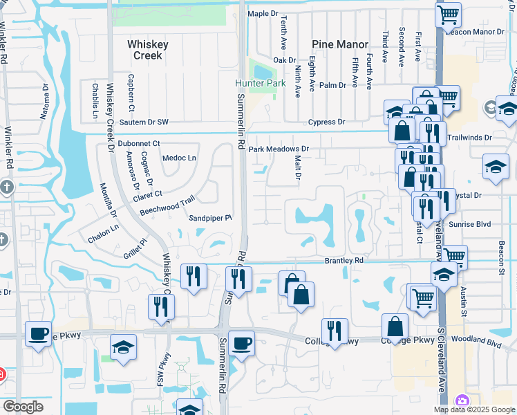 map of restaurants, bars, coffee shops, grocery stores, and more near 12358 Woodrose Court in Fort Myers
