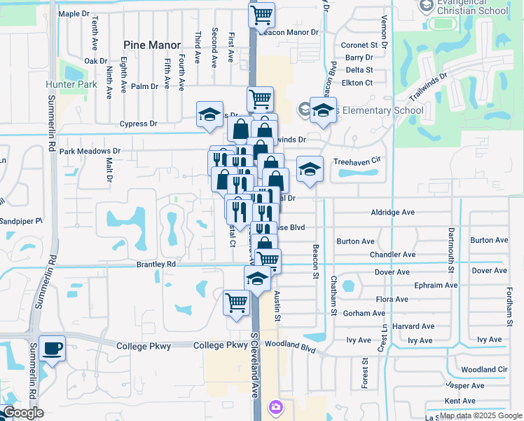 map of restaurants, bars, coffee shops, grocery stores, and more near 12375 South Cleveland Avenue in Fort Myers