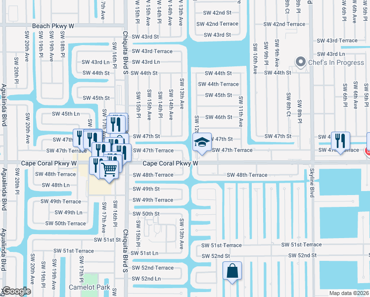 map of restaurants, bars, coffee shops, grocery stores, and more near 4727 Southwest 13th Avenue in Cape Coral