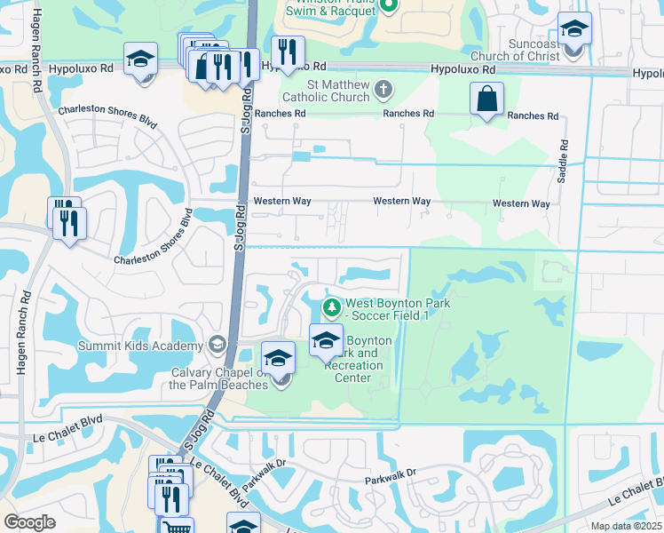 map of restaurants, bars, coffee shops, grocery stores, and more near 7565 Savannah Lane in Lake Worth