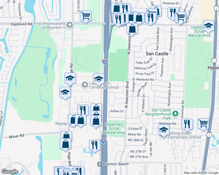 map of restaurants, bars, coffee shops, grocery stores, and more near 301 Pine Point Drive in Boynton Beach