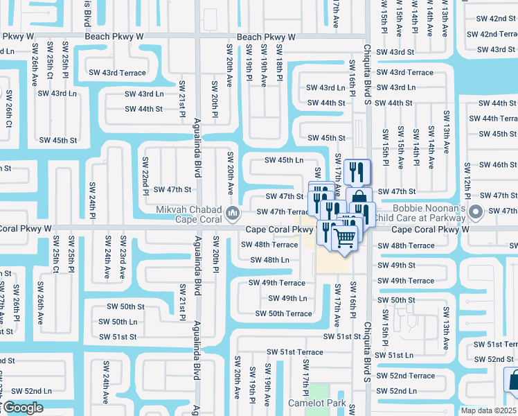 map of restaurants, bars, coffee shops, grocery stores, and more near 1909 Southwest 47th Terrace in Cape Coral
