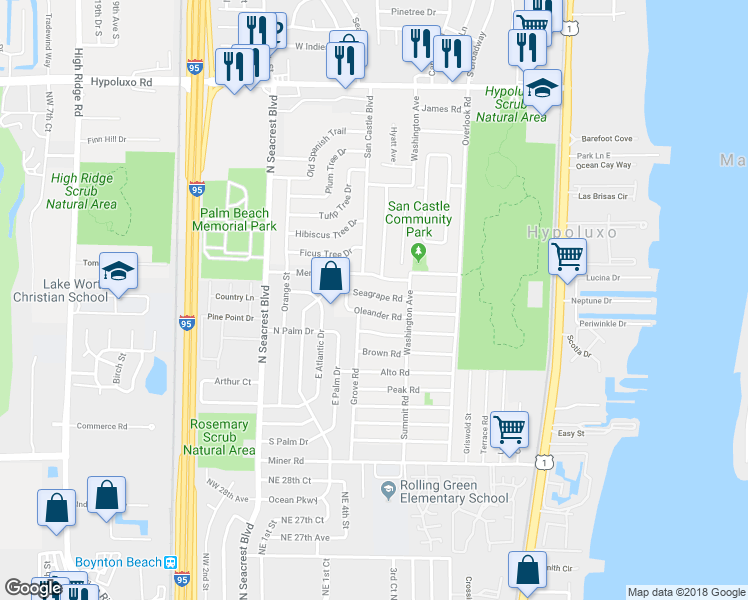 map of restaurants, bars, coffee shops, grocery stores, and more near 491 Oleander Road in Lantana