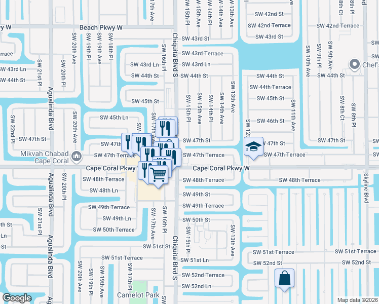 map of restaurants, bars, coffee shops, grocery stores, and more near 1504 Southwest 47th Terrace in Cape Coral