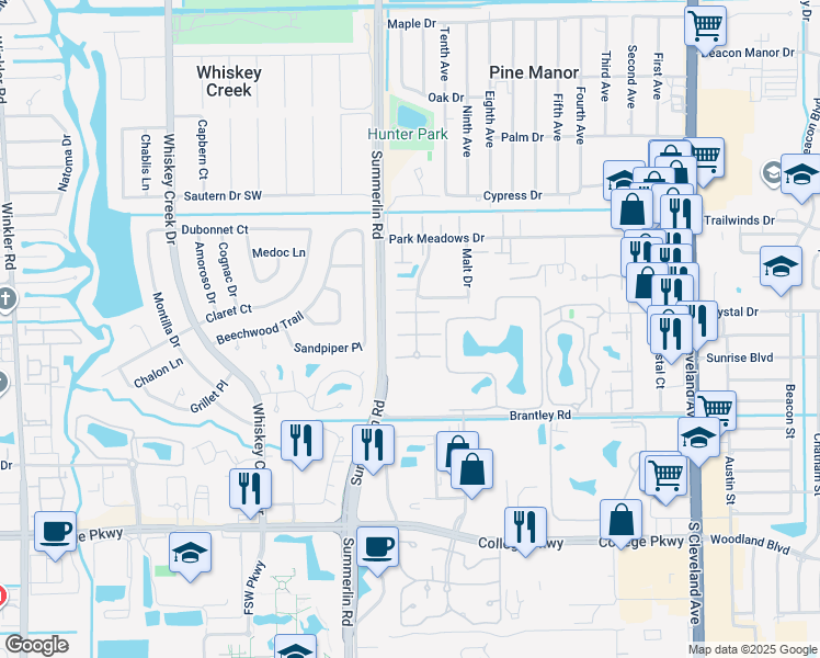 map of restaurants, bars, coffee shops, grocery stores, and more near 12358 Woodrose Court in Fort Myers