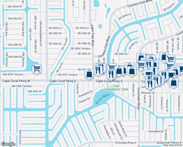 map of restaurants, bars, coffee shops, grocery stores, and more near 402 Southeast 47th Terrace in Cape Coral