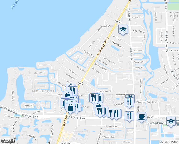 map of restaurants, bars, coffee shops, grocery stores, and more near 693 Astarias Circle in Fort Myers