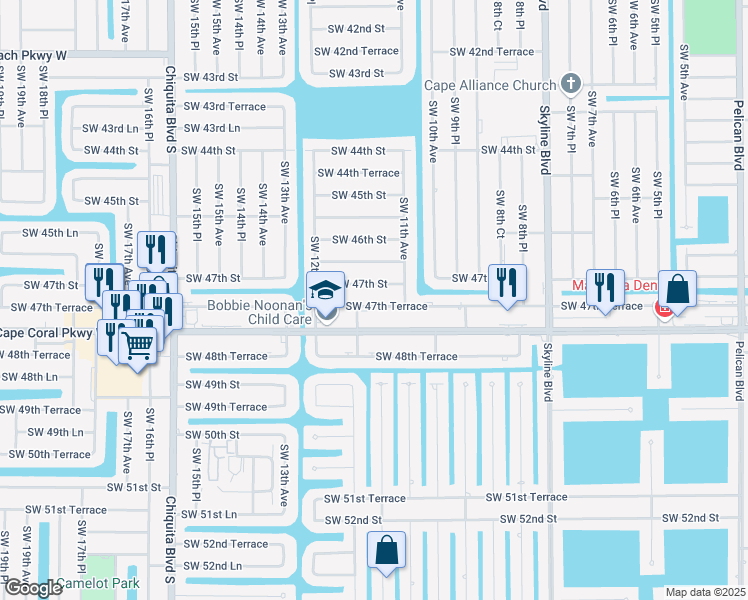 map of restaurants, bars, coffee shops, grocery stores, and more near 1121 Southwest 47th Terrace in Cape Coral