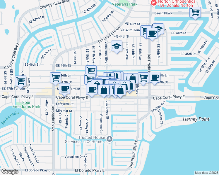 map of restaurants, bars, coffee shops, grocery stores, and more near in Cape Coral