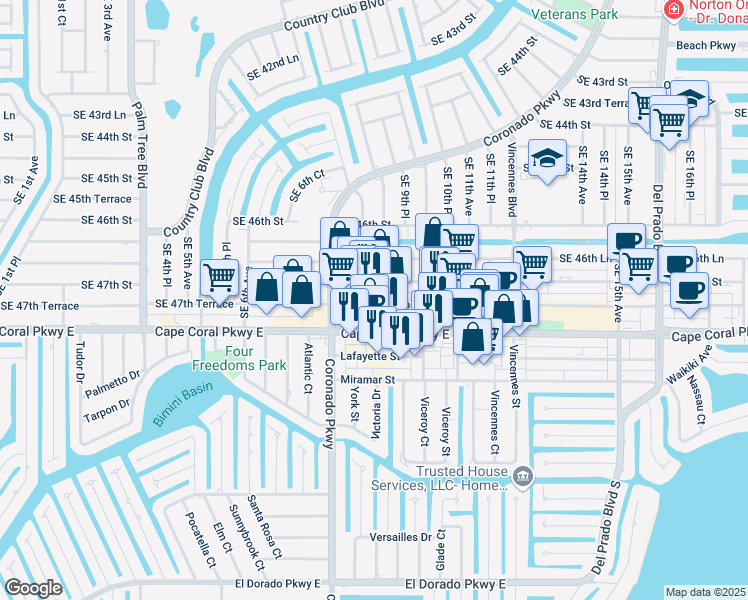 map of restaurants, bars, coffee shops, grocery stores, and more near in Cape Coral