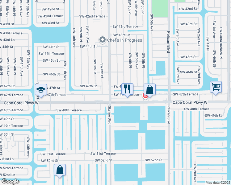 map of restaurants, bars, coffee shops, grocery stores, and more near 726 Southwest 47th Terrace in Cape Coral