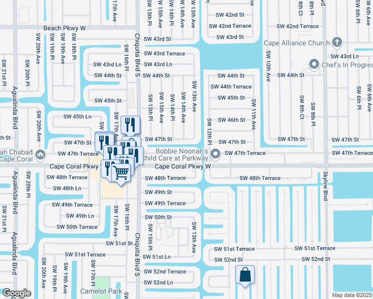 map of restaurants, bars, coffee shops, grocery stores, and more near 4727 Southwest 13th Avenue in Cape Coral