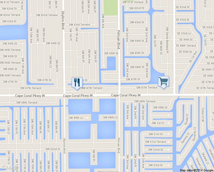 map of restaurants, bars, coffee shops, grocery stores, and more near 418 Southwest 47th Terrace in Cape Coral