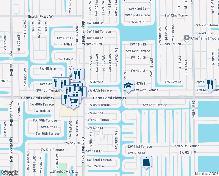 map of restaurants, bars, coffee shops, grocery stores, and more near 1330 Southwest 47th Terrace in Cape Coral