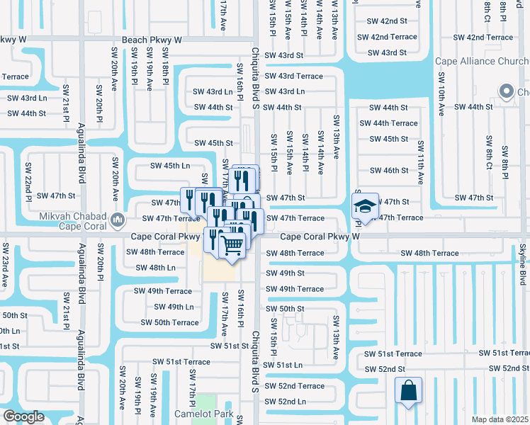 map of restaurants, bars, coffee shops, grocery stores, and more near 1533 Southwest 47th Terrace in Cape Coral