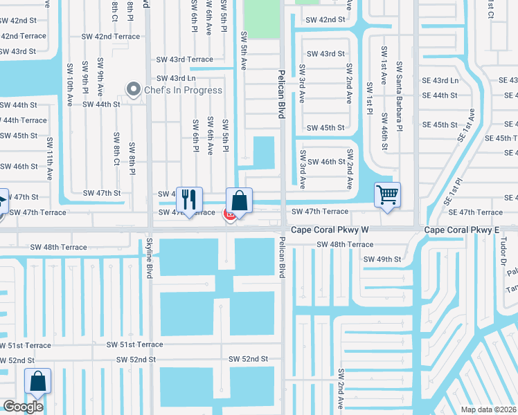 map of restaurants, bars, coffee shops, grocery stores, and more near 421 Southwest 47th Terrace in Cape Coral