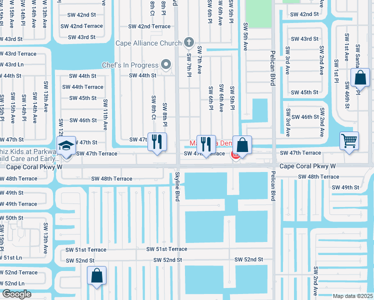 map of restaurants, bars, coffee shops, grocery stores, and more near 719 Southwest 47th Terrace in Cape Coral