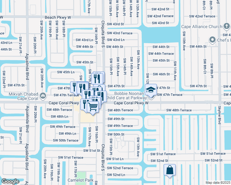 map of restaurants, bars, coffee shops, grocery stores, and more near 1505 Southwest 47th Terrace in Cape Coral